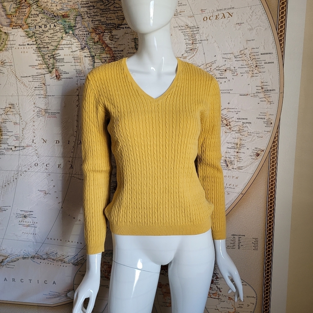 Jeanne Pierre Yellow V Neck Cotton Cable Knit Women's Sweater Academia Preppy M